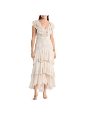 Wayf Beige Tiered Beige Gingham Ruffle V-Neck High-Low Dress